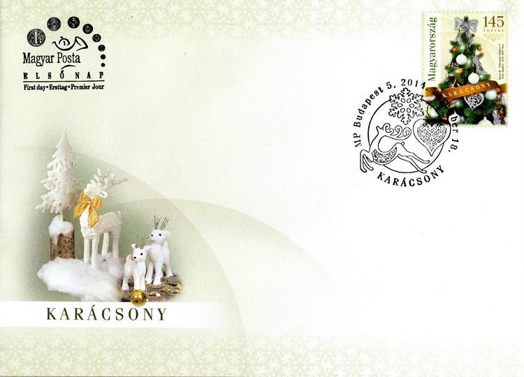 A 2014-es karácsonyi bélyeg, első napi borítékon. A bélyeget Dubéczi Tekla dekoratőr és Hajdú József fotóművész munkája nyomán Baticz Barnabás grafikusművész tervezte.