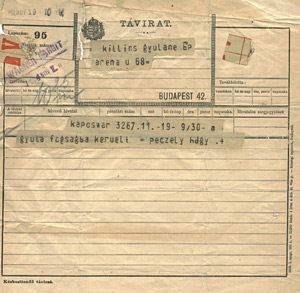 Távirat - Killius Gyula hadnagy francia fogságba került (1918. nov. 19.)
